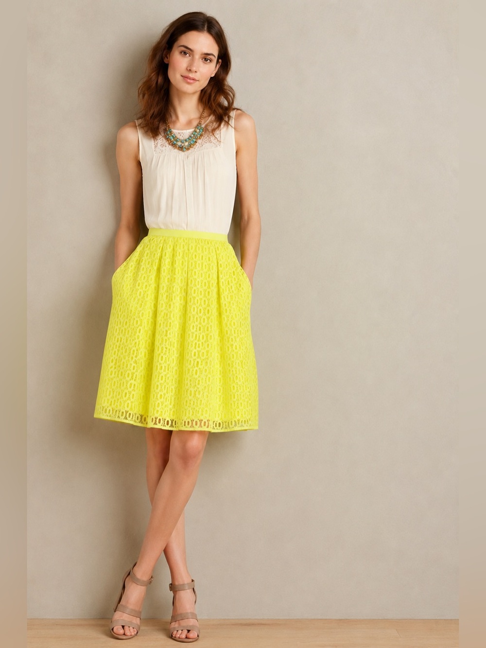 ANTHROPOLOGIE 6 Maeve Lawn Party Skirt Eyelet Mesh Lace Mini in Neon Yellow